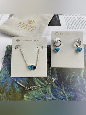 Kendra Scott Silver Necklace and Huggie Earrings with Blue Heart Stones